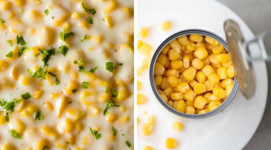 creamed style corn on the left and canned sweet corn on the right to show the difference between the two