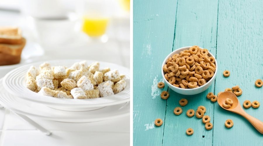 Frosted Mini-Wheats on the left and Cheerios on the right to show the difference between the two