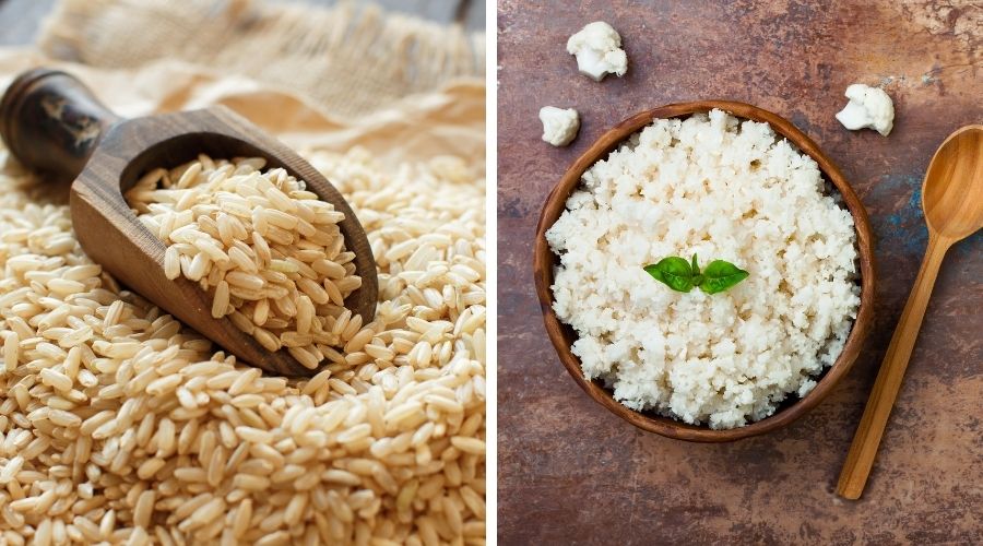 brown rice on the left and cauliflower rice on the right to show the difference