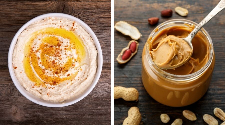 pot of hummus on left and jar of peanut butter on right to show difference